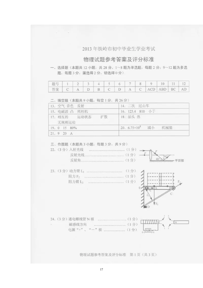 2013年辽宁省铁岭市中考物理试卷（含答案）_中考真题_4.物理中考真题2015-2024年_地区卷_辽宁物理_辽宁物理_铁岭物理16-22