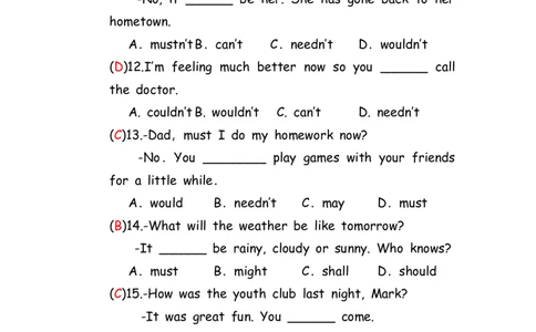 No.80情态动词练习题②答案解析_初中英语语法_最全初中英语语法习题_No.80情态动词练习题②