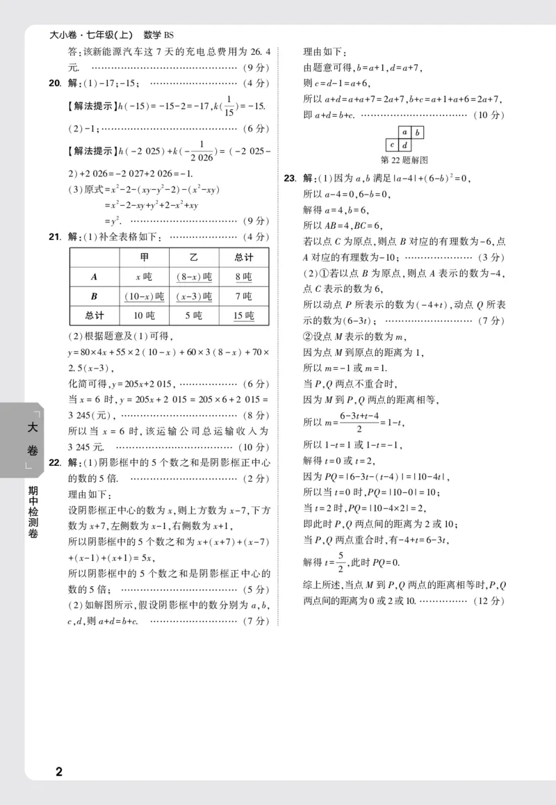 2026《万唯大小卷&bull;数学》7上大卷参考答案(BS)_2026万唯系列预习复习_2026版初中《万唯大小卷》7年级上册（全科多版本）_2026《万唯大小卷&bull;数学》7上(BS)