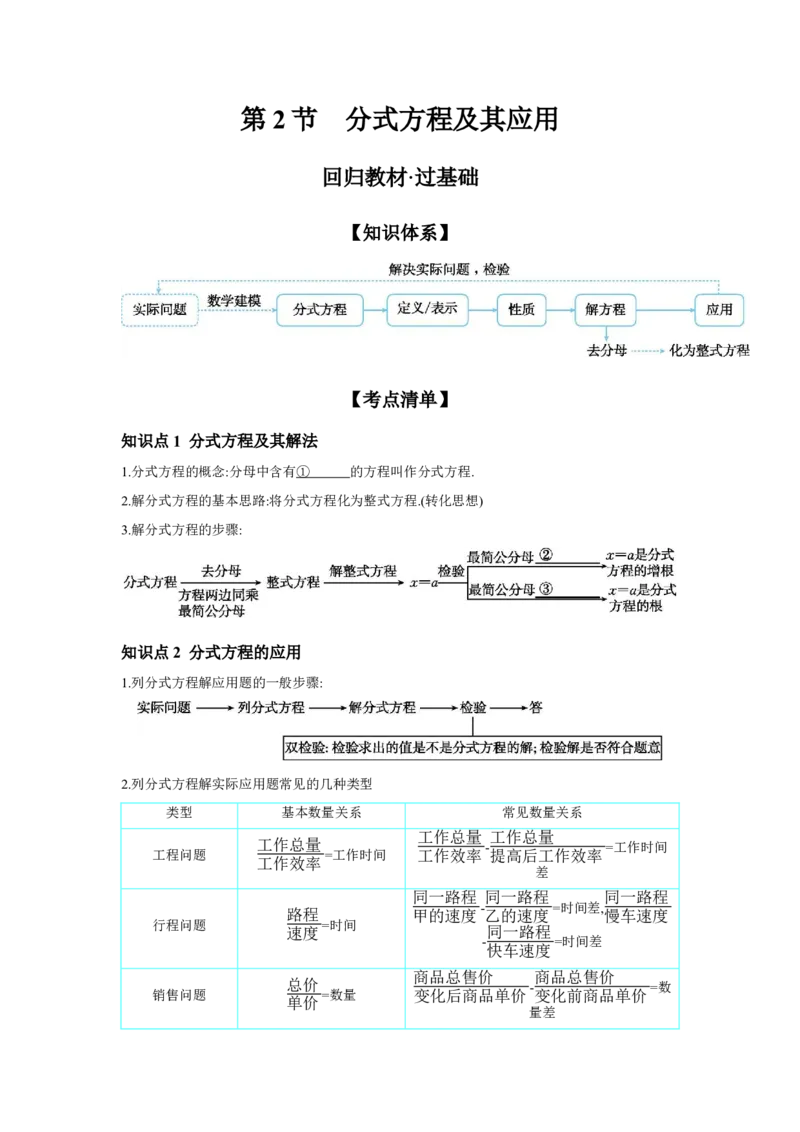 第二章方程(组)与不等式(组)第2节分式方程及其应用学案（含答案）2025年中考数学人教版一轮复习_2数学总复习_2025中考复习资料_2025年人教版中考数学一轮复习学案(含答案)