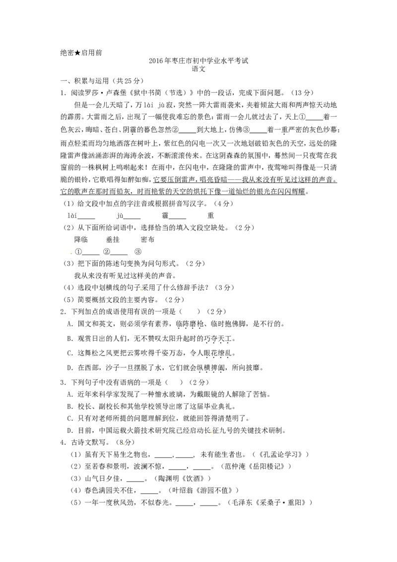 2016年枣庄市中考语文试题及答案_中考真题_1.语文中考真题2015-2024年_地区卷_山东省_山东枣庄语文10-22