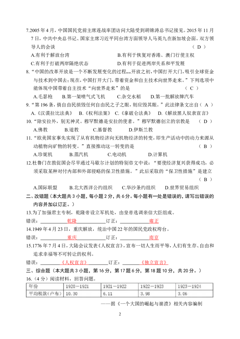 2016年江西省中考历史试卷及答案_中考真题_6.历史中考真题2015-2024年_地区卷_江西历史-全省统一卷08-21