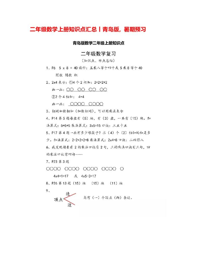小学二年级上册上学期-青岛版数学重点知识点_二年级上下册资料_小学二年级学习资料-25年更新版_2-03、小学二年级数学上册_2-3-1、复习、知识点、归纳汇总_青岛版