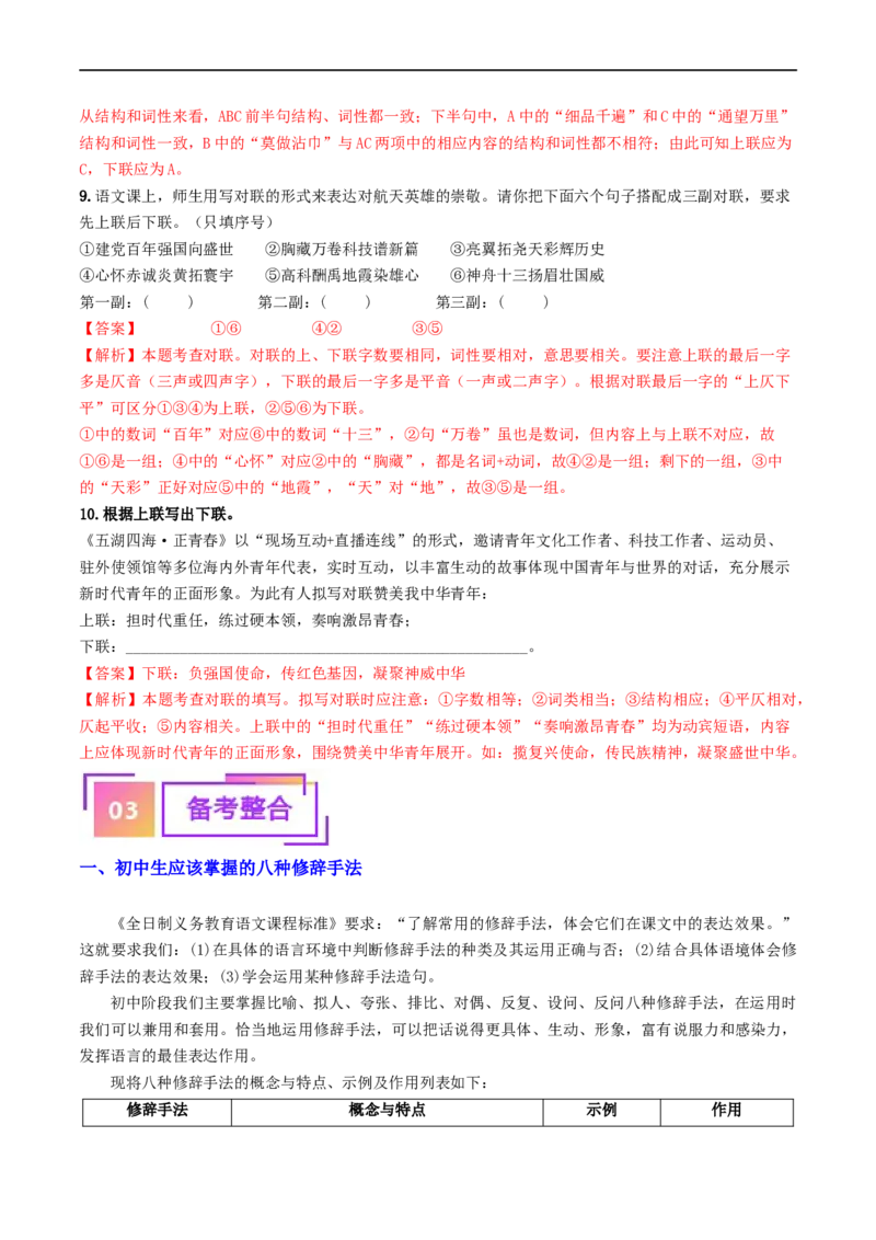 考点5修辞、仿写与对联（重难讲义）（全国通用）（解析版）_120中考语文全套复习_中考语文复习总复习_一轮复习资料_完2024年中考语文一轮复习讲义练习（全国通用）