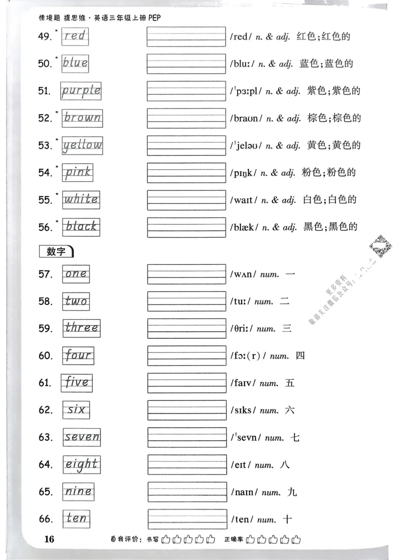英语3年级上册：教材词句抄写日日清_2026万唯系列预习复习_2026版小学《万唯小白鸥情景题》3-6年级上册（数学、英语）（人教）_2026小白鸥人教英语思维情景题3-6上