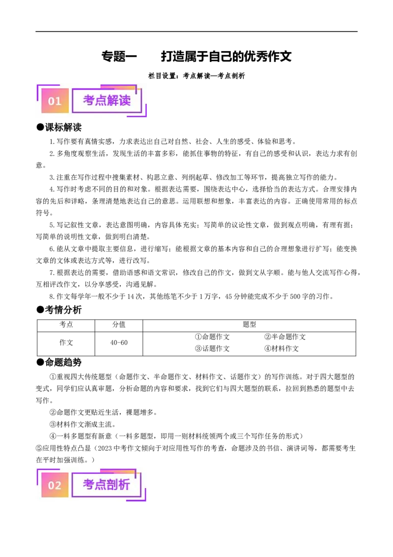 专题一打造属于自己的优秀作文（全国通用）_120中考语文全套复习_中考语文复习总复习_一轮复习资料_完2024年中考语文一轮复习讲义练习（全国通用）_第三部分帮作文