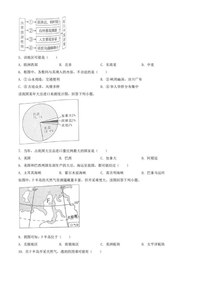 2019年湖南省岳阳市中考地理试题（原卷版）_中考真题_9.地理中考真题2015-2024年_地区卷_湖南省_湖南岳阳地理17-22