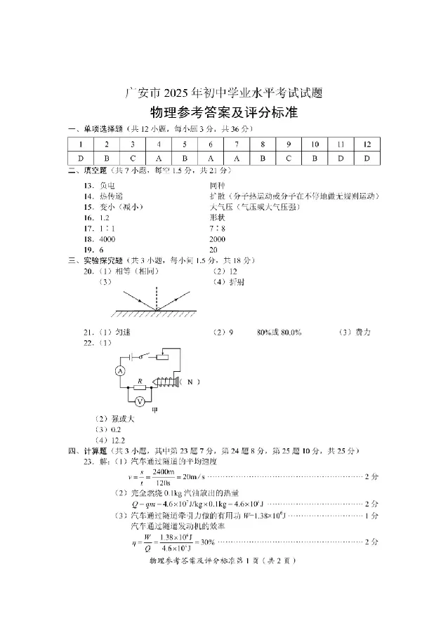 2025广安中考物理真题及答案_2025全国各地《中考真题试卷及答案》_2025广安中考真题及答案