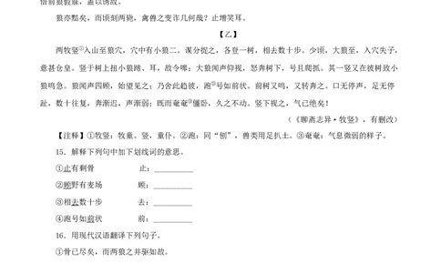 专题05狼（原卷版）（全国通用）_120中考语文全套复习_中考语文复习总复习_专项复习资料_完备战2024年中考语文之文言文讲义练习（全国通用）
