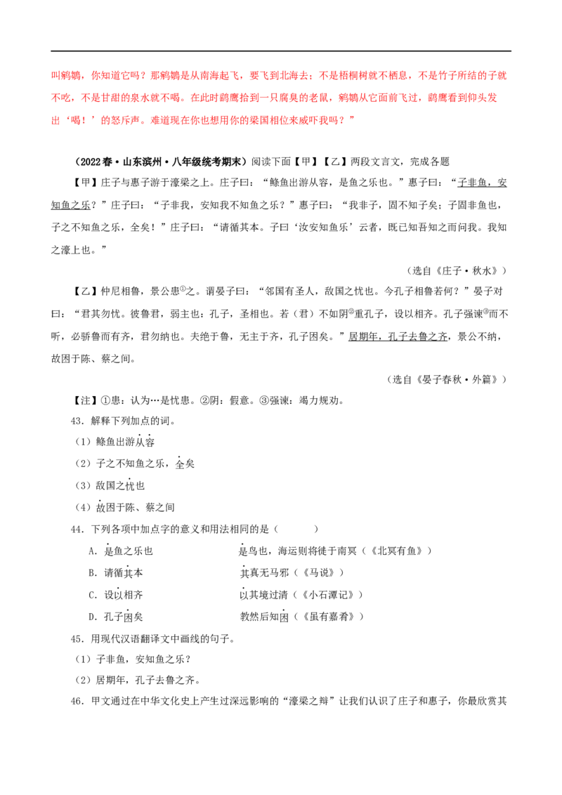 专题28庄子与惠子游于濠梁之上（解析版）（全国通用）_120中考语文全套复习_中考语文复习总复习_专项复习资料_完备战2024年中考语文之文言文讲义练习（全国通用）_答案解析版