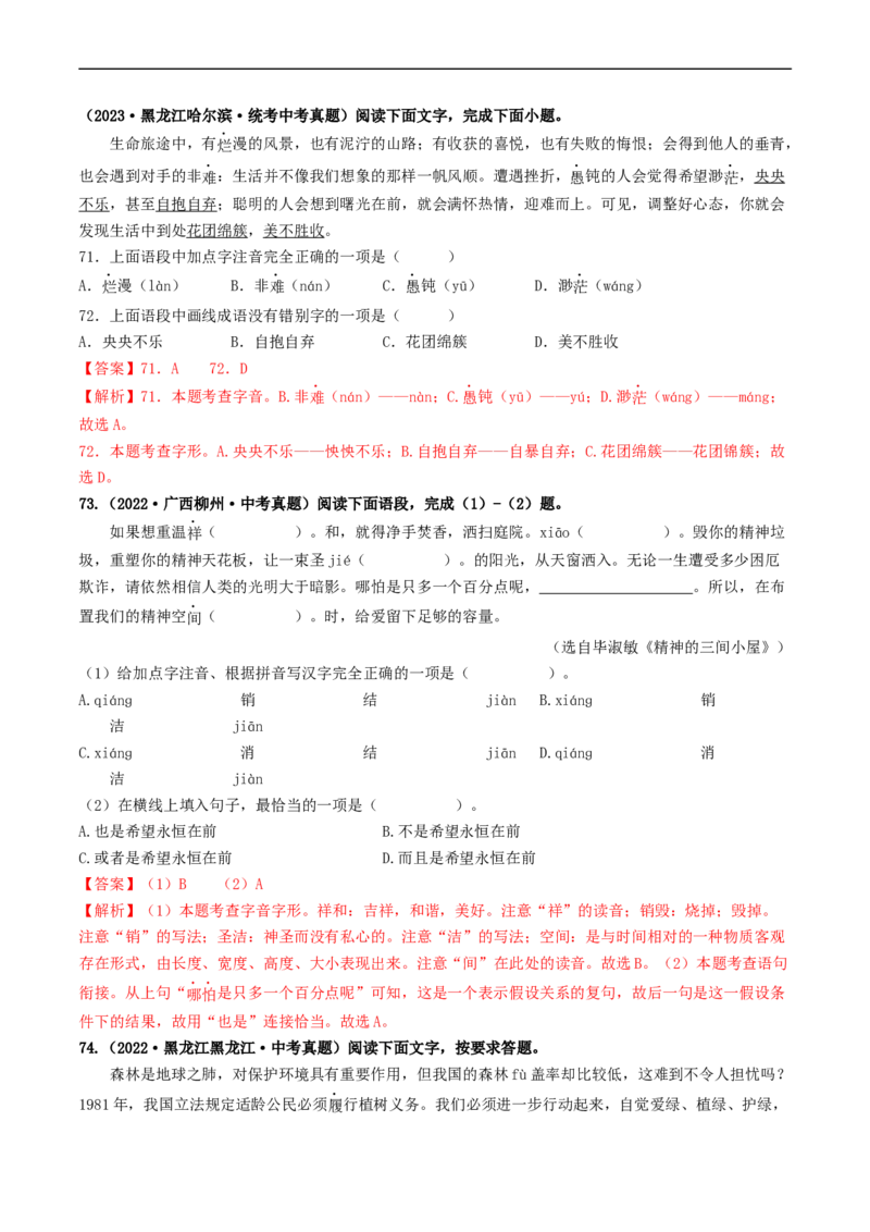 考点1字音、字形（好题冲关）（解析版）_120中考语文全套复习_中考语文复习总复习_一轮复习资料_完2024年中考语文一轮复习讲义练习（全国通用）_第一部分：帮基础