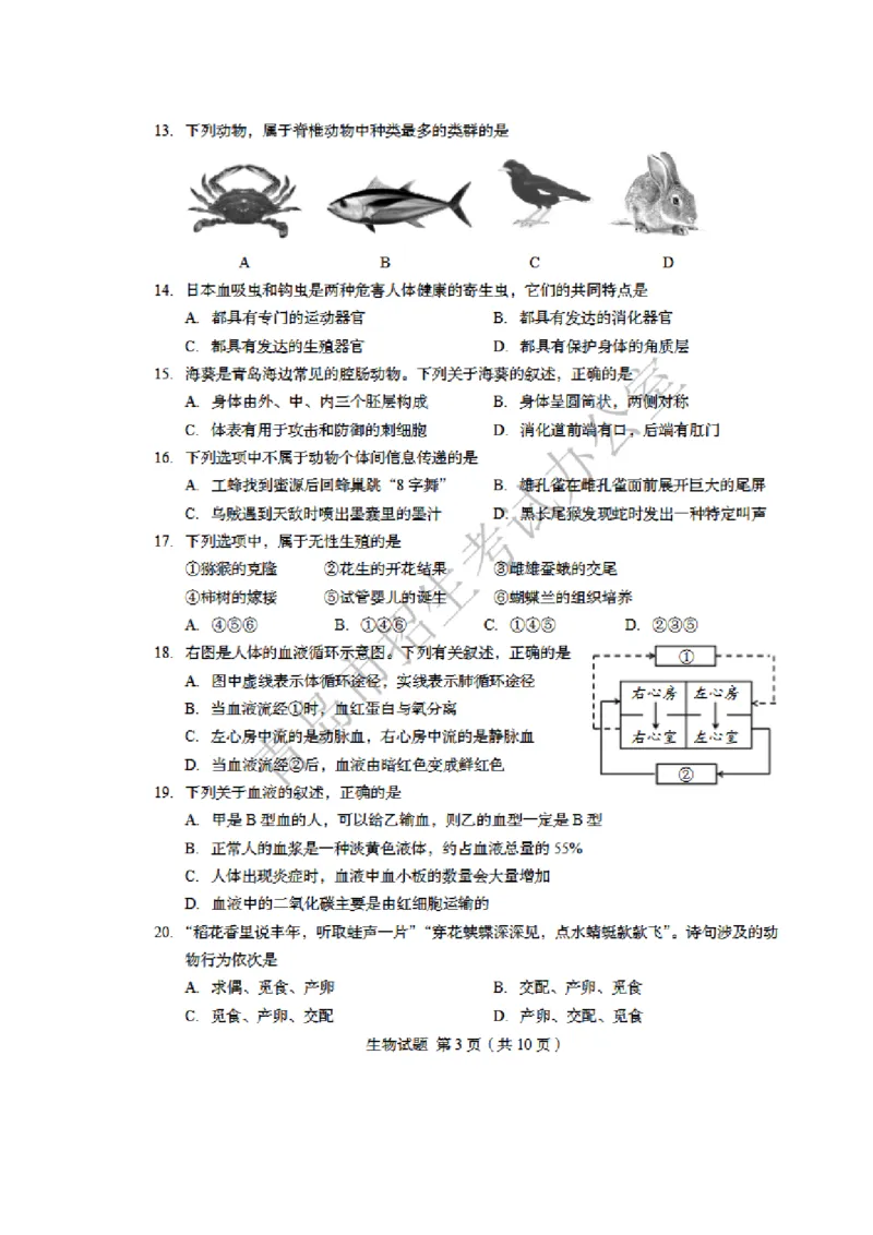 2018年山东青岛初中生物学业考试题及答案高清图片版_中考真题_8.生物中考真题2015-2024年_地区卷_青岛生物