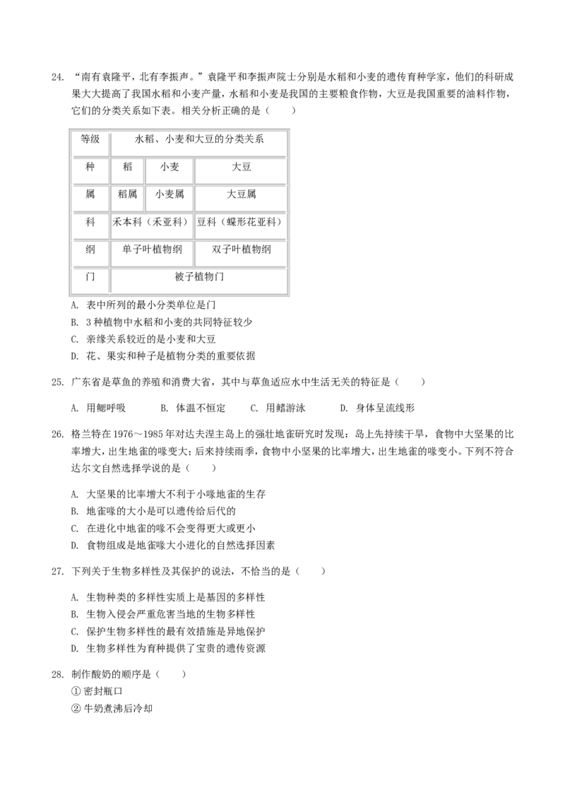 2019年广东省中考生物真题及答案_中考真题_8.生物中考真题2015-2024年_地区卷_广东中考生物11-22