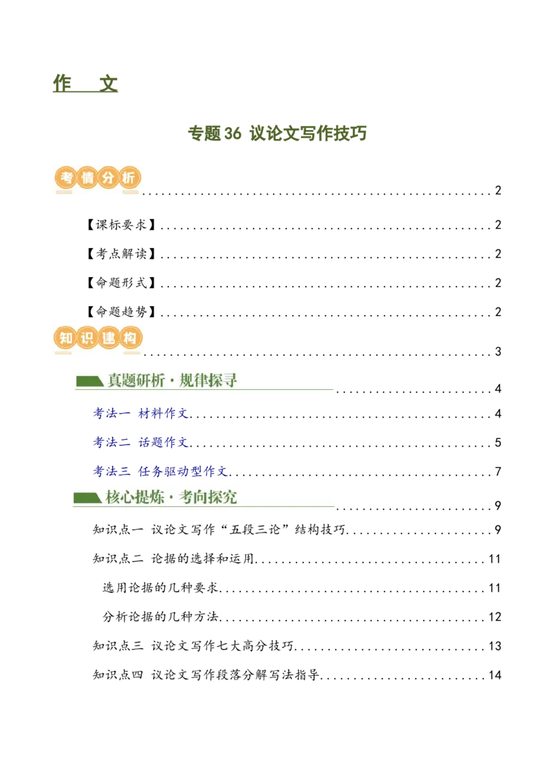 专题36议论文写作技巧（讲练）-（全国通用）（原卷版）_120中考语文全套复习_中考语文复习总复习_二轮复习资料_完2024年中考语文二轮复习课件+讲义+练习（全国通用）_模块七写作
