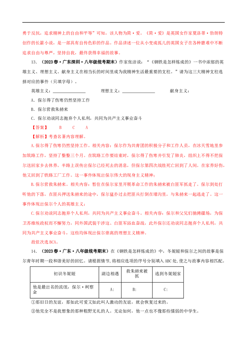 专题08《钢铁是怎样炼成的》真题精练（单一题）（解析版）_120中考语文全套复习_中考语文复习总复习_专项复习资料_完2024年中考语文名著阅读知识知识梳理+真题练习_答案解析版