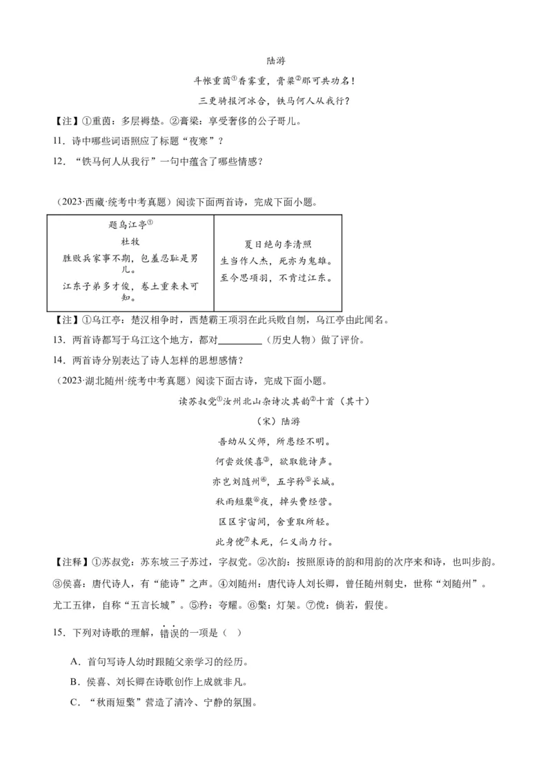 考点08古诗词中的主要思想感情（全国通用）（原卷版）_120中考语文全套复习_中考语文复习总复习_一轮复习资料_完2024年中考语文一轮总复习重难点讲义+练习（全国通用）_考点练