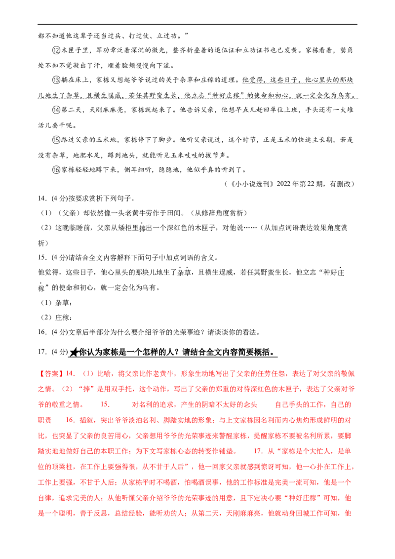 第21讲分析人物形象（练习）（全国通用）（解析版）_120中考语文全套复习_中考语文复习总复习_一轮复习资料_完2024年中考语文一轮复习课件+讲义+练习（全国通用）