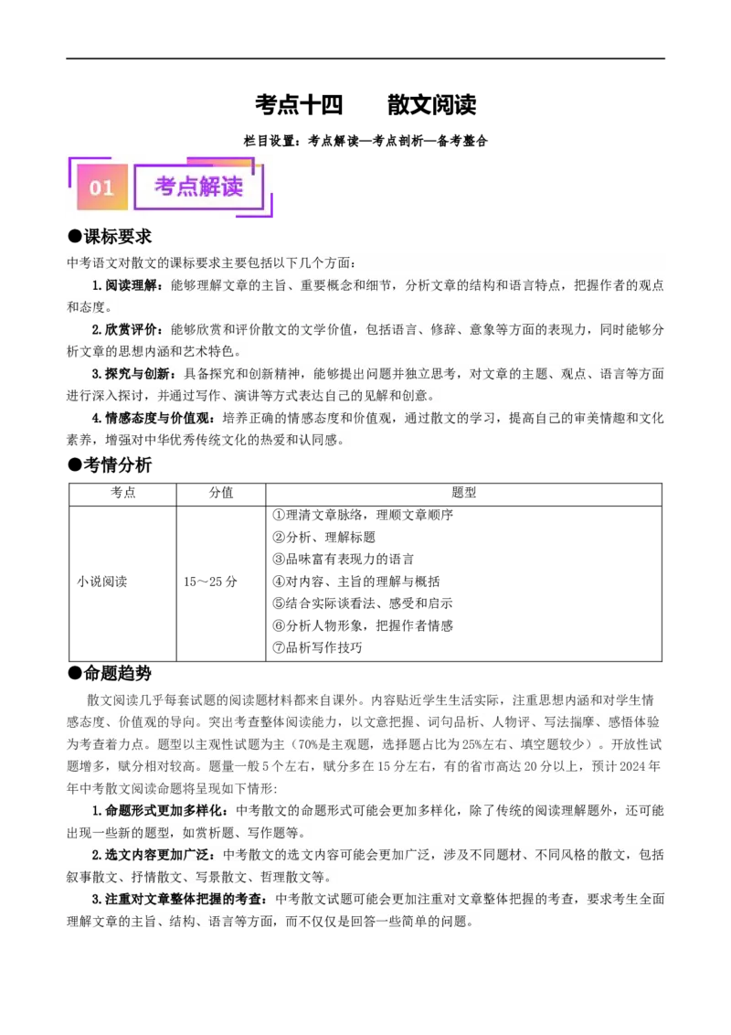 考点14散文阅读（重难讲义）（解析版）_120中考语文全套复习_中考语文复习总复习_一轮复习资料_完2024年中考语文一轮复习讲义练习（全国通用）_第二部分：帮阅读