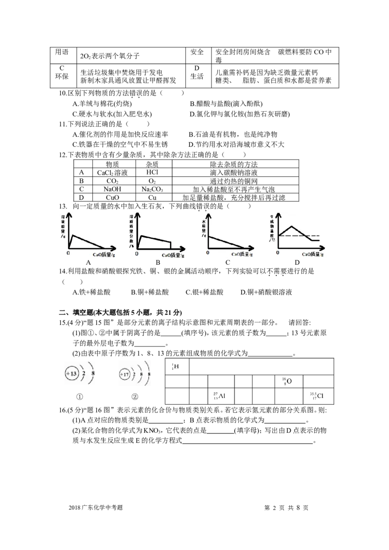2018年广东省中考化学试题及答案_中考真题_5.化学中考真题2015-2024年_地区卷_广东省_广东化学（广东省统一试卷）08-22