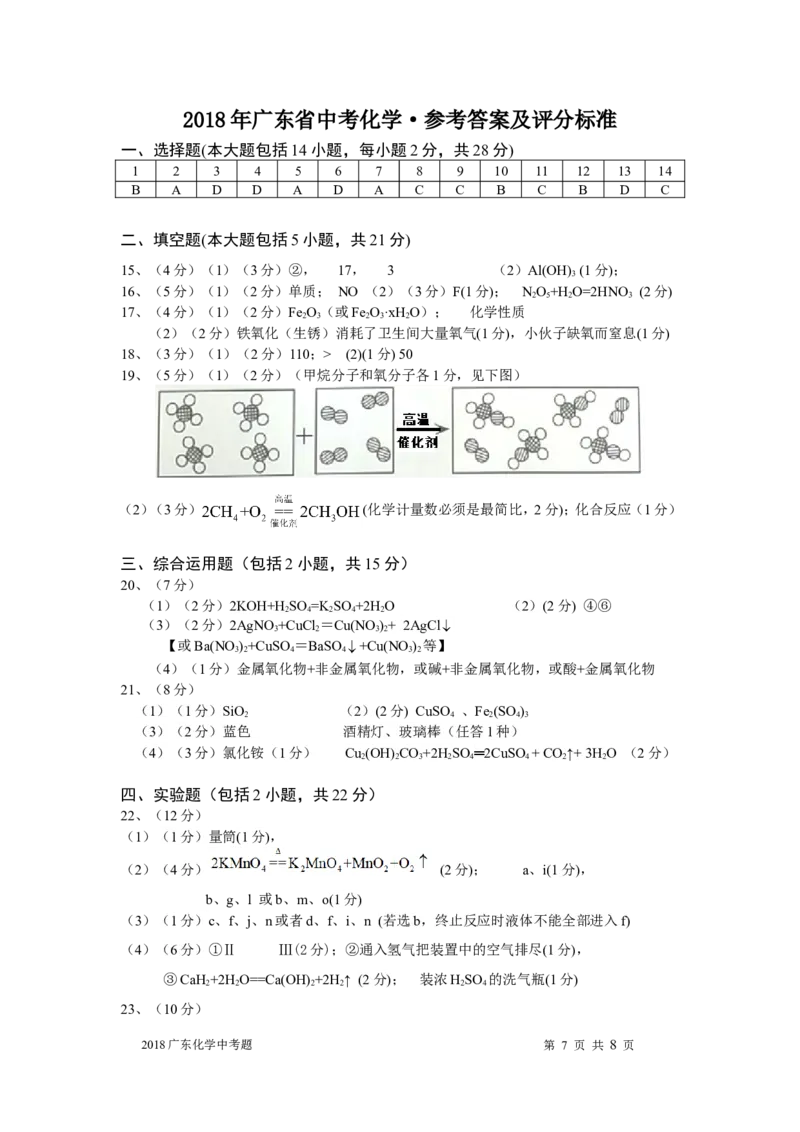 2018年广东省中考化学试题及答案_中考真题_5.化学中考真题2015-2024年_地区卷_广东省_广东化学（广东省统一试卷）08-22
