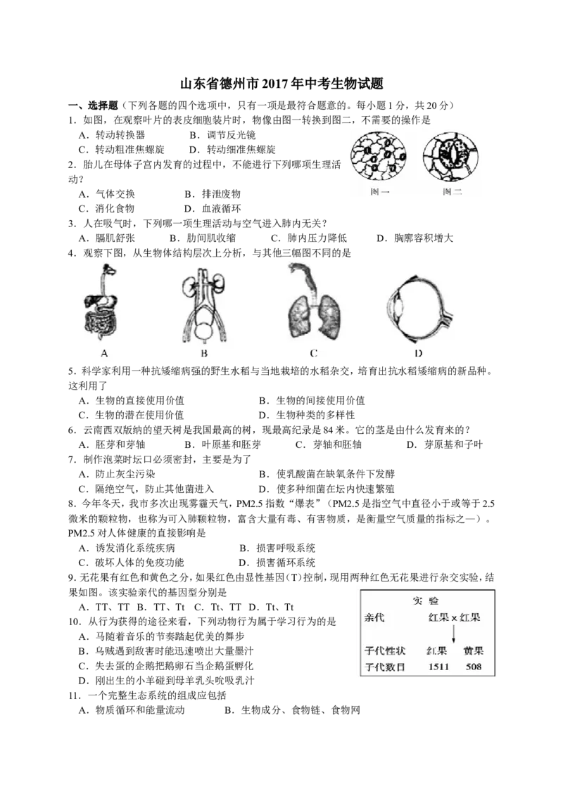 2017年德州市中考生物试题及答案_中考真题_8.生物中考真题2015-2024年_地区卷_山东省_山东德州生物11-20