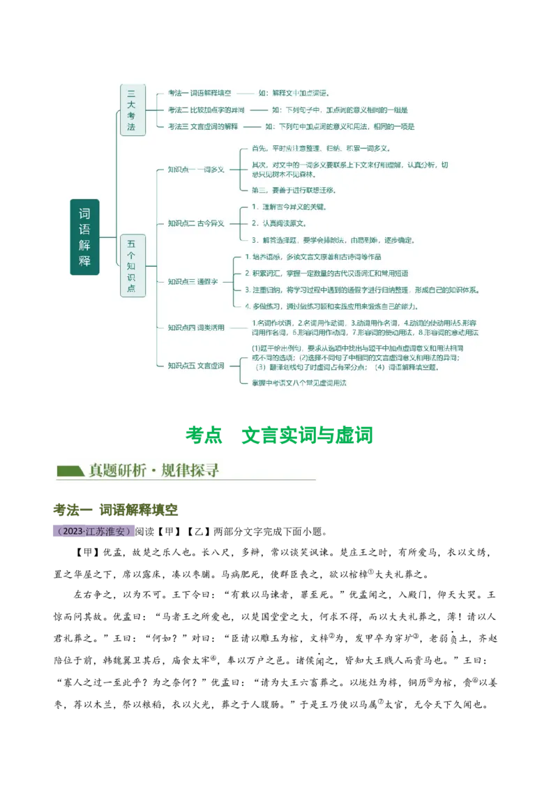 专题09词语解释（讲练）（全国通用）（原卷版）_120中考语文全套复习_中考语文复习总复习_二轮复习资料_完2024年中考语文二轮复习课件+讲义+练习（全国通用）_模块二文言文阅读