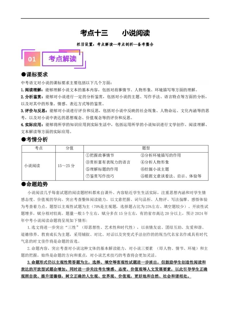 考点13小说阅读（重难讲义）（原卷版）_120中考语文全套复习_中考语文复习总复习_一轮复习资料_完2024年中考语文一轮复习讲义练习（全国通用）_第二部分：帮阅读