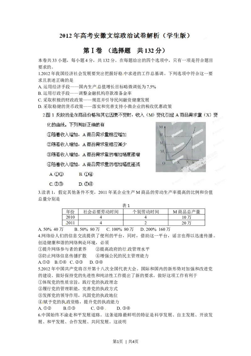 2012年高考政治试卷（安徽）（空白卷）_1.高考2025全国各省真题+答案_01.2008-2024全国高考真题（按省份分类）_1.安徽_2012-2024&middot;（安徽）政治高考真题