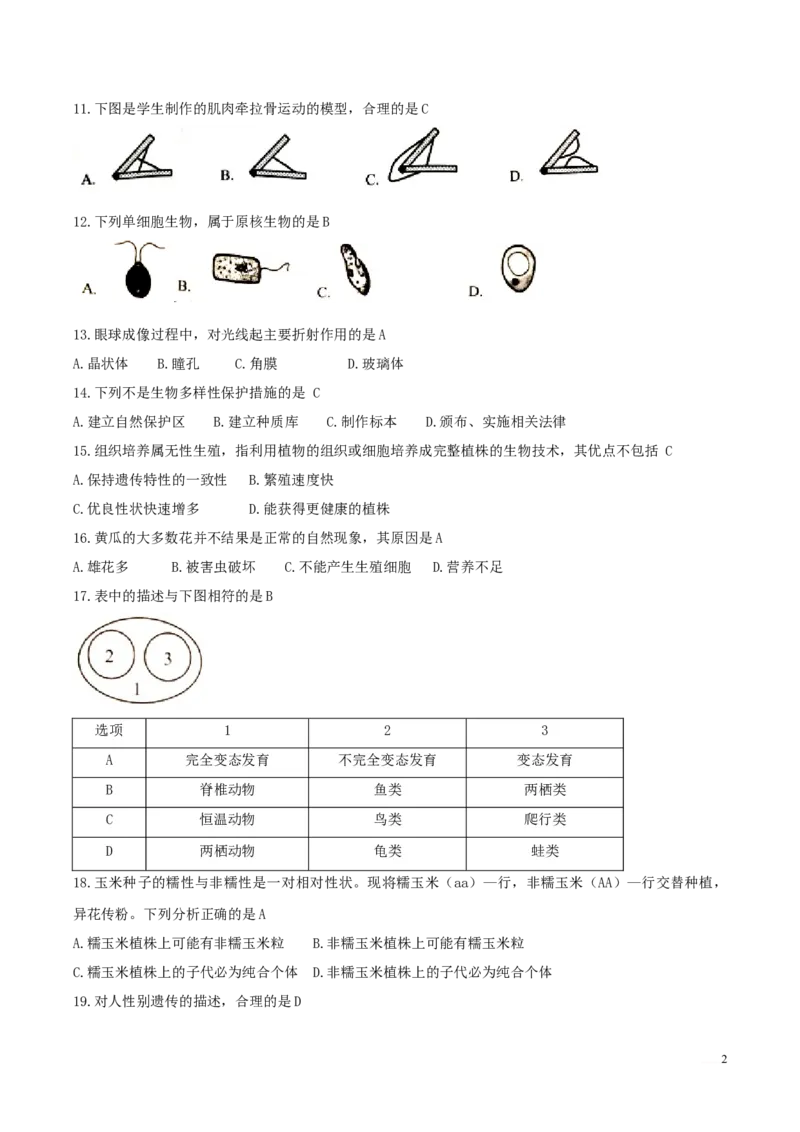 2018年湖南省岳阳市中考生物真题及答案_中考真题_8.生物中考真题2015-2024年_地区卷_湖南省_湖南岳阳生物17-22缺21