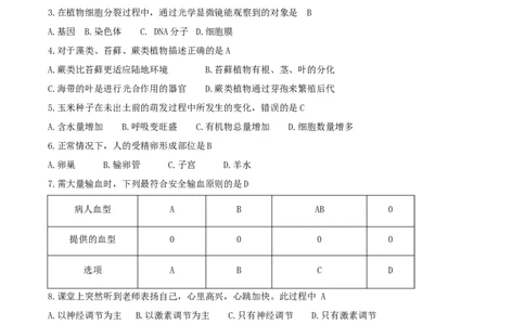 2018年湖南省岳阳市中考生物真题及答案_中考真题_8.生物中考真题2015-2024年_地区卷_湖南省_湖南岳阳生物17-22缺21