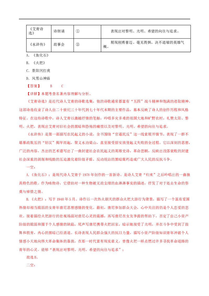 专题09《艾青诗选》真题精练（综合题）（解析版）_120中考语文全套复习_中考语文复习总复习_专项复习资料_完2024年中考语文名著阅读知识知识梳理+真题练习_答案解析版