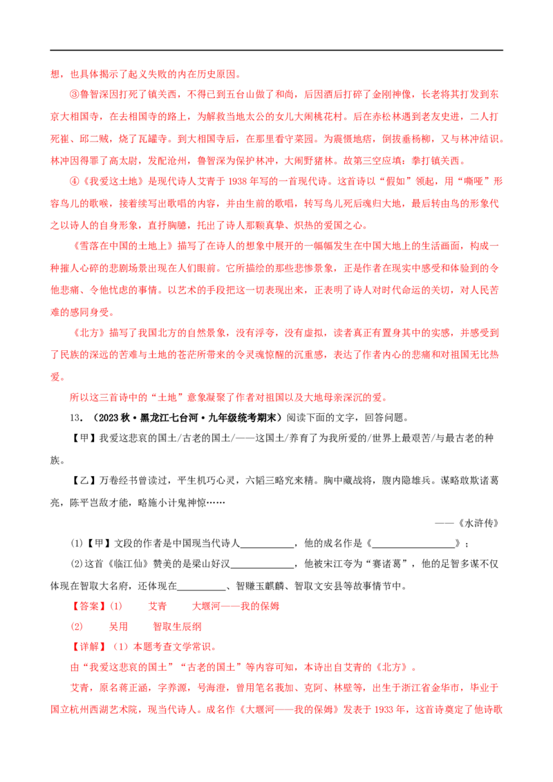 专题09《艾青诗选》真题精练（综合题）（解析版）_120中考语文全套复习_中考语文复习总复习_专项复习资料_完2024年中考语文名著阅读知识知识梳理+真题练习_答案解析版