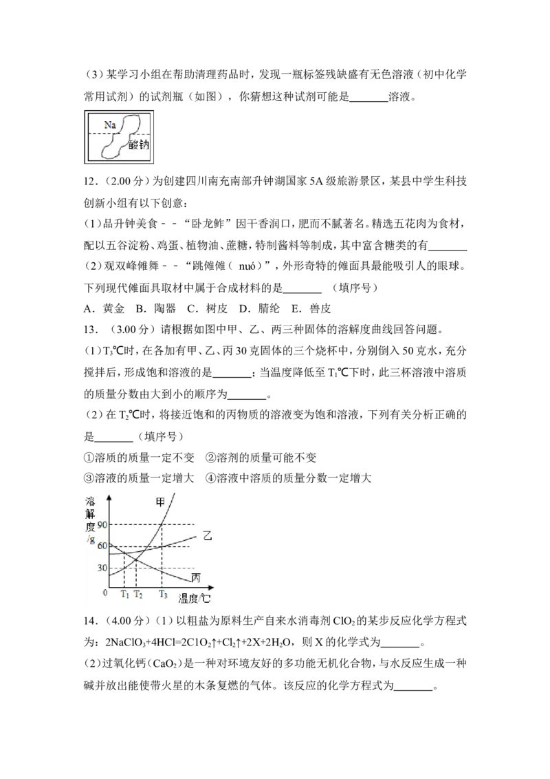 2018年四川省南充市中考化学试卷（含解析版）_中考真题_5.化学中考真题2015-2024年_地区卷_四川省_四川南充化学12-22
