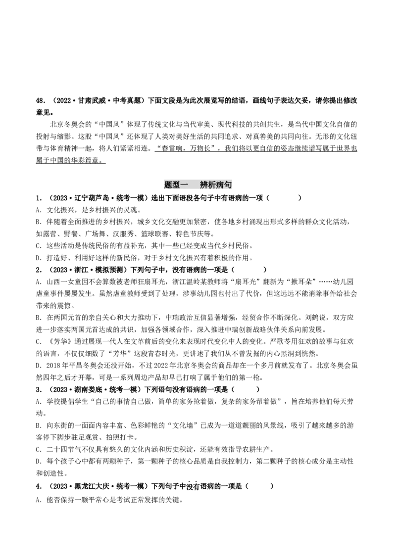 考点3病句的辨析与修改（好题冲关）（统编版全国通用）（原卷版）_120中考语文全套复习_中考语文复习总复习_一轮复习资料_完2024年中考语文一轮复习讲义练习（全国通用）