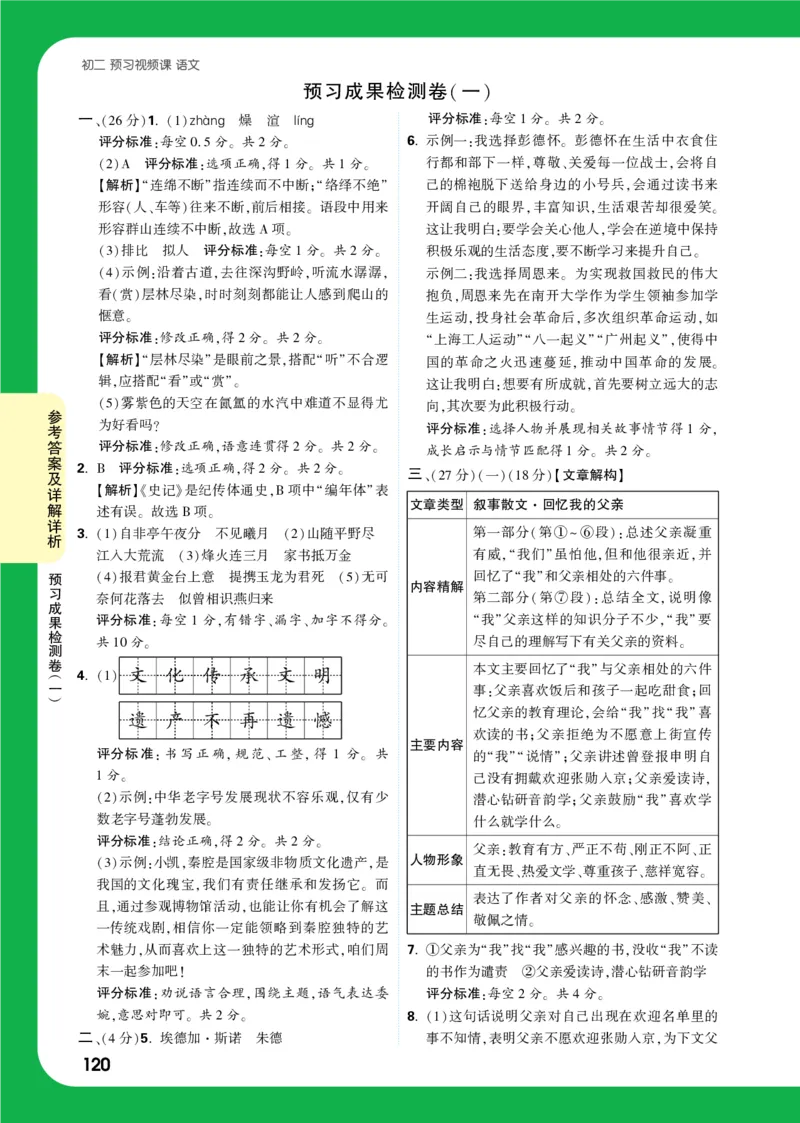 精答预习成果检测卷_2026万唯系列预习复习_2025版《万唯初中预习视频课》789年级上册多版本_2025版万唯初二预习视频课语文人教版上册_视频_预习成果检测卷_答案详解详析_答案详解详析
