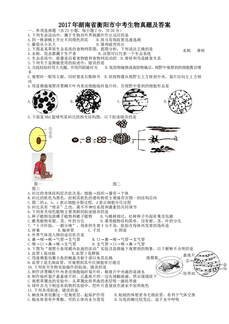 2017年湖南省衡阳市中考生物真题及答案_中考真题_8.生物中考真题2015-2024年_地区卷_湖南省_湖南衡阳生物17-22