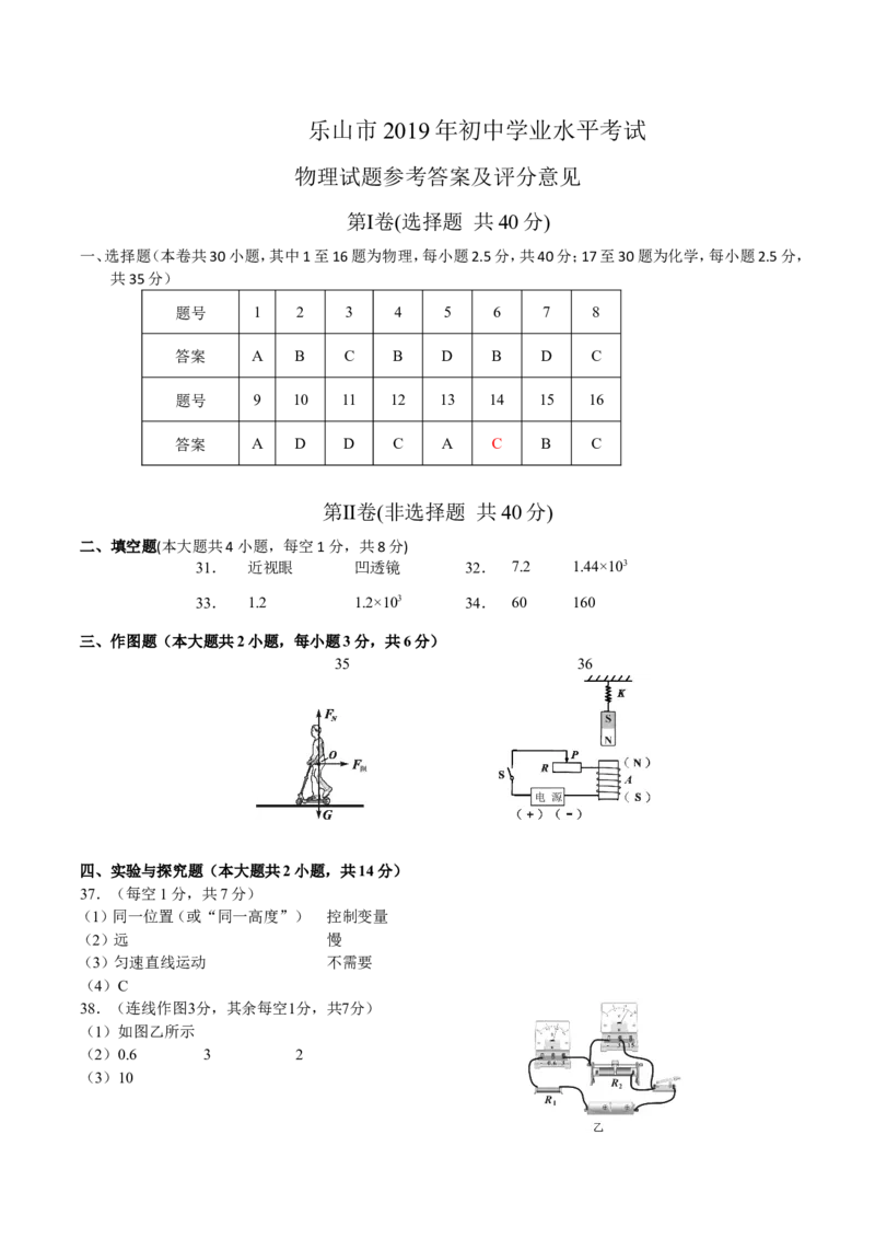 2019年四川省乐山市中考物理真题及答案_中考真题_4.物理中考真题2015-2024年_地区卷_乐山物理16,19,20.21