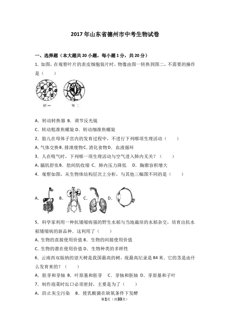 2017年德州市中考生物真题试题(解析版)_中考真题_8.生物中考真题2015-2024年_地区卷_山东省_山东德州生物11-20