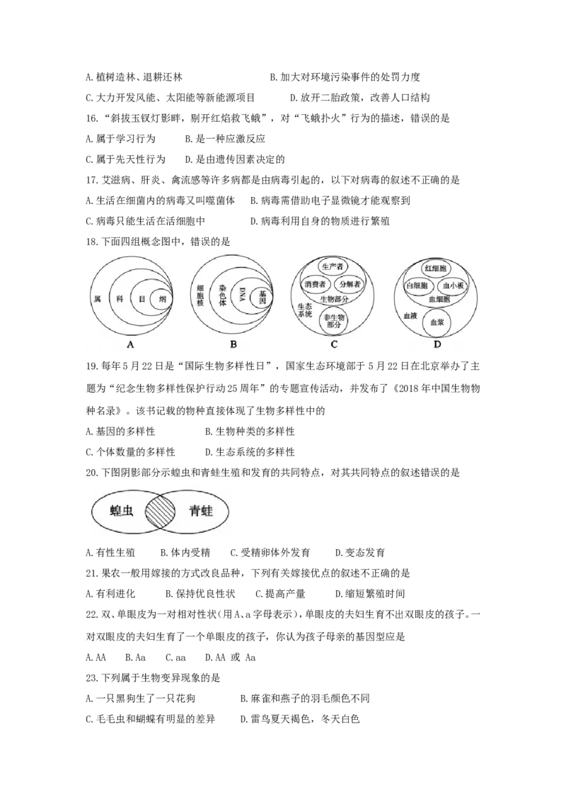 2018年聊城市中考生物试卷及答案_中考真题_8.生物中考真题2015-2024年_地区卷_山东省_山东聊城生物10-22