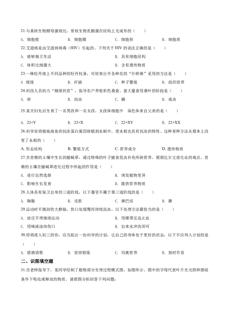 2019年广西省柳州市中考生物试题（空白卷）_中考真题_8.生物中考真题2015-2024年_地区卷_广西省_柳州生物2016-2020