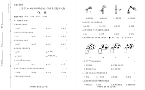 2019年上海市初中毕业统一学业考试化学试卷及答案（双面解析版）_中考真题_5.化学中考真题2015-2024年_地区卷_上海化学统一学业考试10～21_2010年-2021年上海中考试卷-化学_word版