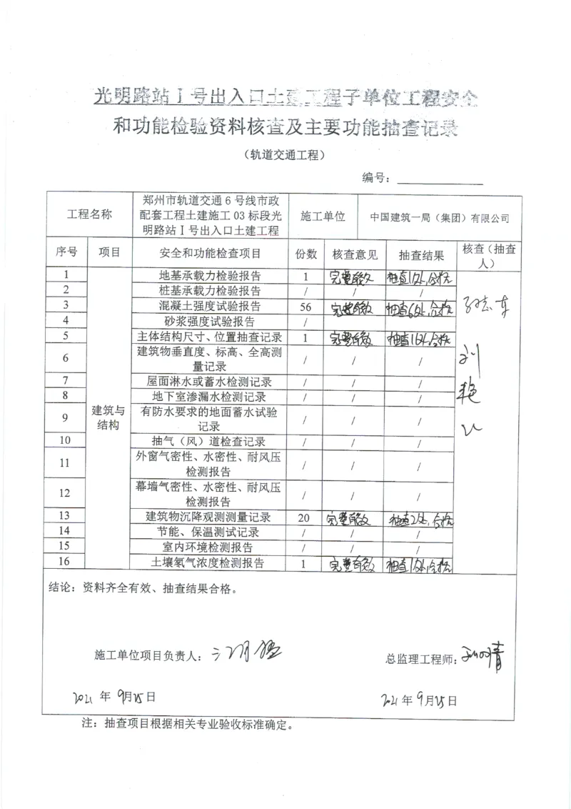 光明路站子单位竣工验收记录表_2021-2023年优秀施组方案_施工组织设计_施组01-郑州地铁6号线03标项目_附件2：验收文件