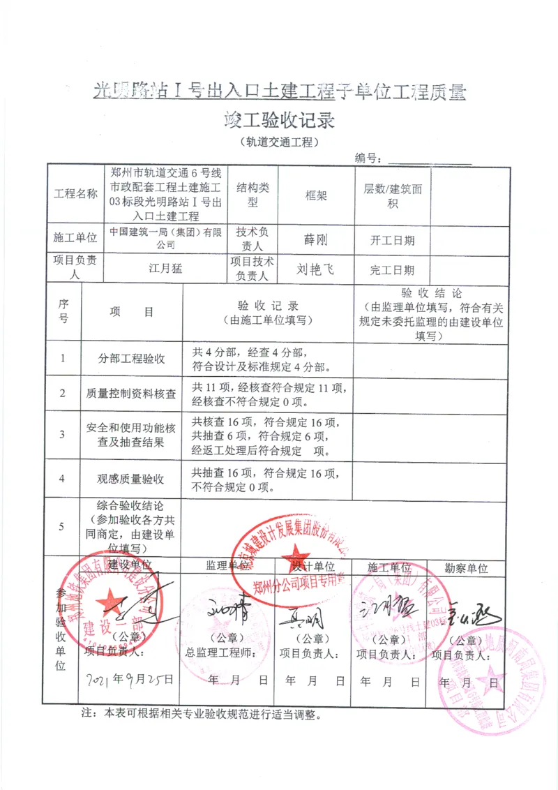 光明路站子单位竣工验收记录表_2021-2023年优秀施组方案_施工组织设计_施组01-郑州地铁6号线03标项目_附件2：验收文件