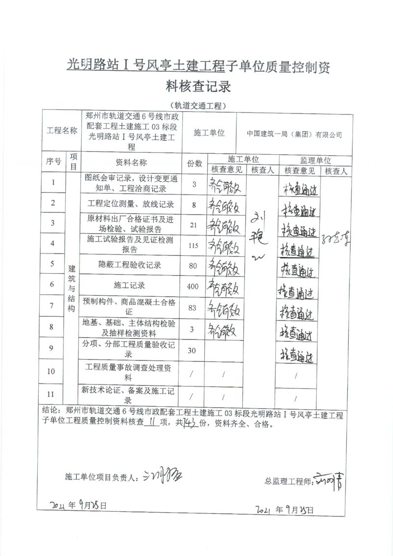 光明路站子单位竣工验收记录表_2021-2023年优秀施组方案_施工组织设计_施组01-郑州地铁6号线03标项目_附件2：验收文件
