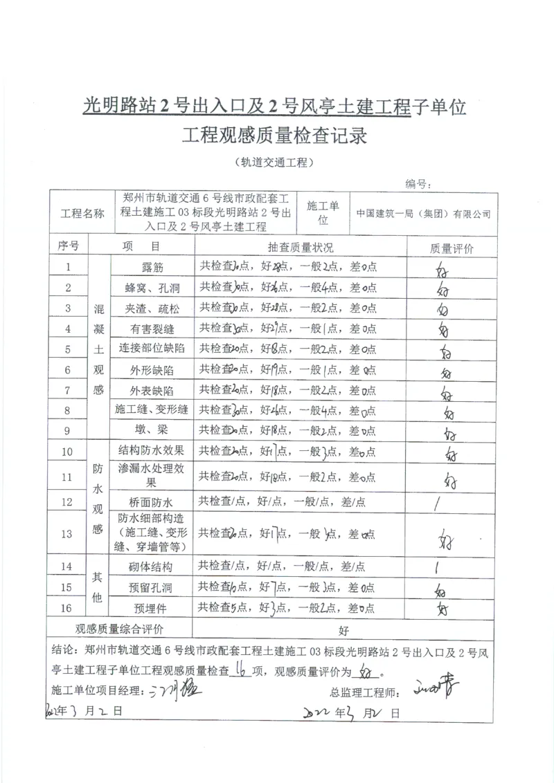 光明路站子单位竣工验收记录表_2021-2023年优秀施组方案_施工组织设计_施组01-郑州地铁6号线03标项目_附件2：验收文件