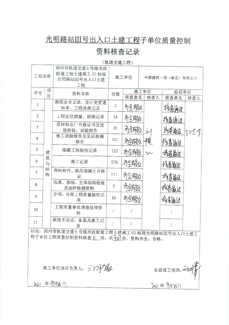 光明路站子单位竣工验收记录表_2021-2023年优秀施组方案_施工组织设计_施组01-郑州地铁6号线03标项目_附件2：验收文件