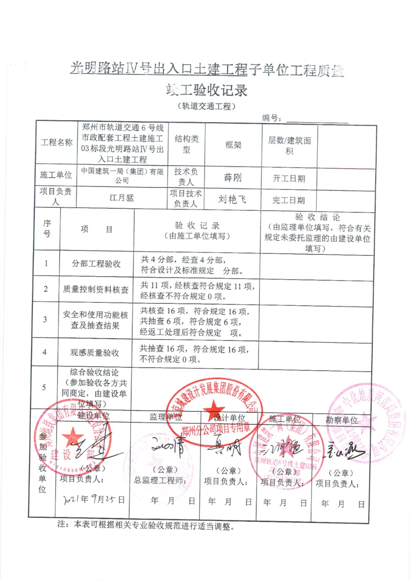 光明路站子单位竣工验收记录表_2021-2023年优秀施组方案_施工组织设计_施组01-郑州地铁6号线03标项目_附件2：验收文件