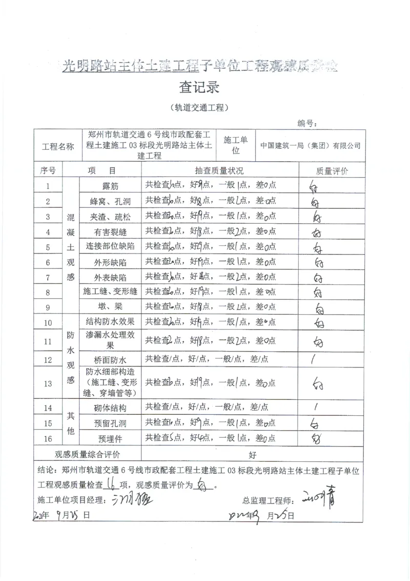 光明路站子单位竣工验收记录表_2021-2023年优秀施组方案_施工组织设计_施组01-郑州地铁6号线03标项目_附件2：验收文件
