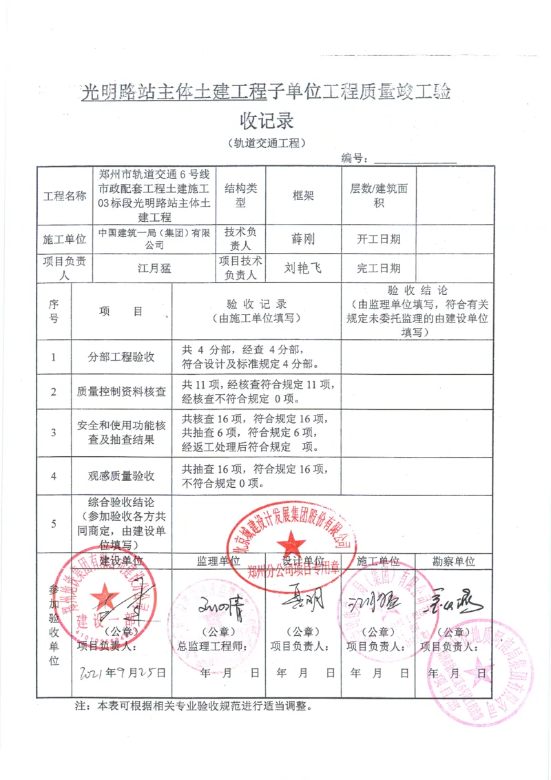 光明路站子单位竣工验收记录表_2021-2023年优秀施组方案_施工组织设计_施组01-郑州地铁6号线03标项目_附件2：验收文件