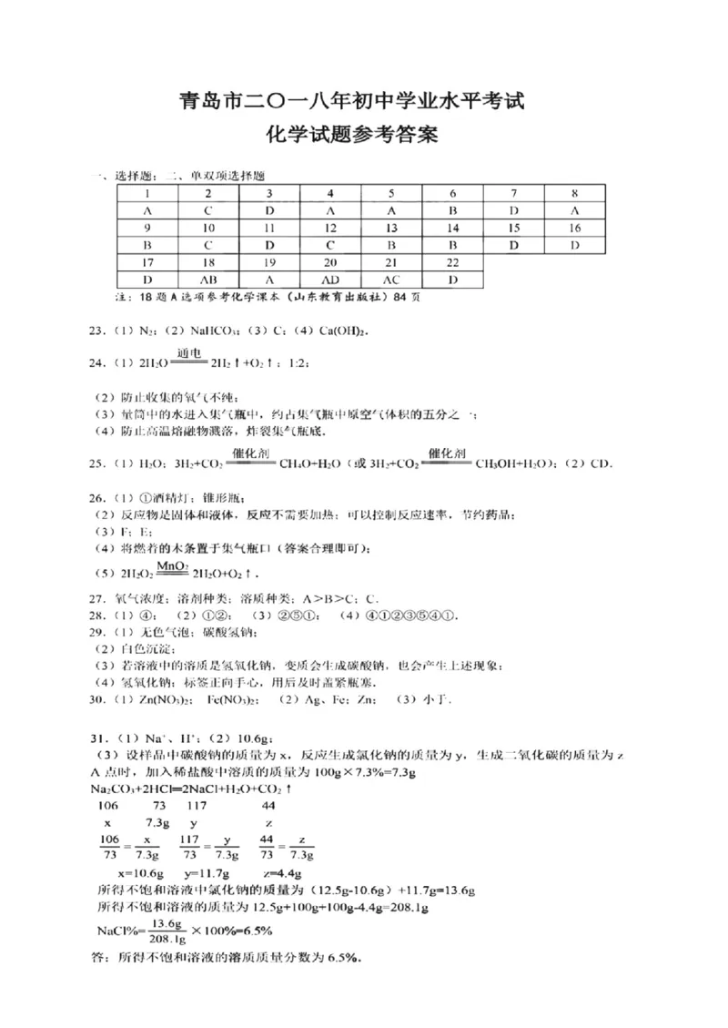 2018年山东省青岛市中考化学试题及答案_中考真题_5.化学中考真题2015-2024年_地区卷_山东省_青岛化学